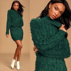 It's Time To Get Extra Cozy In The Lulus Snuggle Up To You Hunter Green Turtleneck Knit Sweater Dress! Soft, Textured Knit Creates A Fringe-Like Effect Across This Winter-Essential Sweater Dress With A Turtleneck, Relaxed Long Sleeves With Drop Shoulders, And An Oversized Bodice With A Slouchy Fit. Contrasting Ribbed Knit Accents The Neck, Cuffs, And Hem. Sz M. Pit To Pit Approx. 20" Length From Shoulder Approx. 31" Brand New With Original Tag. Sold Out. Color Could Vary Due To Light. Maroon Long Sleeve Dress, Green Sweater Dress, Wrap Sweater Dress, Emerald Dresses, Green Turtleneck, Balloon Sleeve Dress, Grey Turtleneck, Long Sleeve Shift Dress, Printed Shift Dress