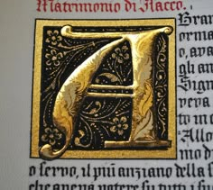 an illuminated initial in gold and black on a page of latin text, with the letter e carved into it