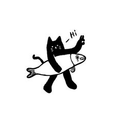 a black and white drawing of a cat carrying a fish on it's back