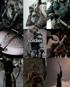 a collage of photos with the words soldier on them and pictures of people holding swords