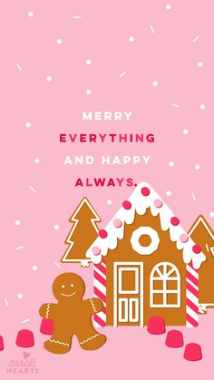 a pink christmas card with a gingerbread house