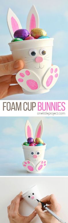 this is an easy and fun easter craft for kids to make with foam cup bunnies