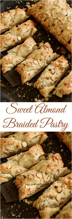 sweet almond braided pastry is shown in two different pictures, one has been sliced into pieces