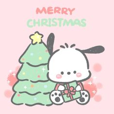 a christmas card with a cartoon bunny holding a present in front of a christmas tree