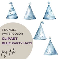 five watercolor clipart blue party hats