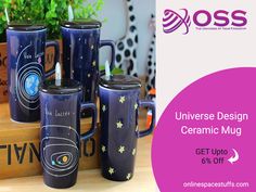 a group of coffee mugs sitting next to each other on a table with the words, universe design ceramic mug get up 6 % off