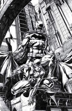 an ink drawing of the batman and batgirl in front of a cityscape