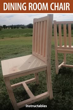 two wooden chairs sitting in the grass with text overlay reading diy dining room chair