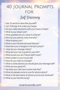 a list with the words, 40 journal prompts for self discovery