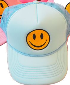 Trendy Light Blue Summer Hat, Playful Blue Hat As A Gift, Playful Blue Hat As Gift, Playful Blue Hats For Gifts, Playful Blue Hat For Gift, Cute Brimmed Trucker Hat, Trendy Light Blue Beach Hat, Fun Blue Baseball Cap, Blue Fun Baseball Cap One Size