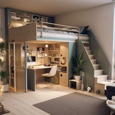 a loft bed with desk underneath it and stairs leading up to the upper level,