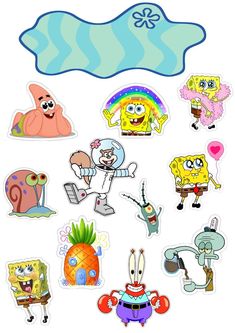 various cartoon stickers are arranged on a white background, including an image of spongebob