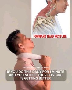 a man holding his neck in pain with the caption if you do this daily for 4 minutes and you notice your posture is getting better