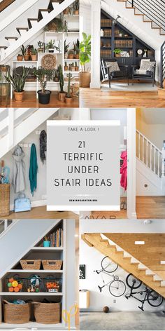 some stairs and bookshelves in a house with text overlay that reads 21 terrifying stair ideas