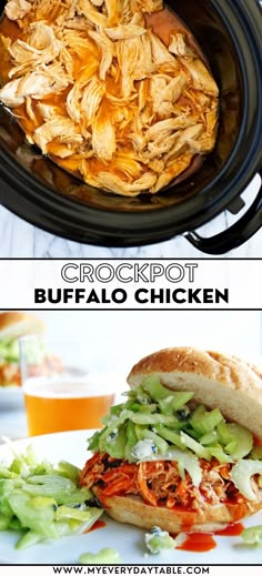 the crockpot buffalo chicken sandwich is ready to be eaten