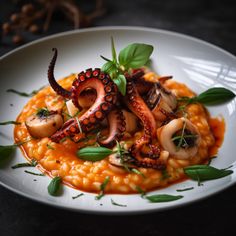 an octopus dish is served on top of riso and garnished with fresh herbs