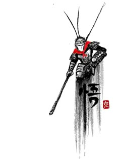 an ink drawing of a samurai holding two swords in one hand and wearing a red sash