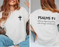 "Comfort Colors T-Shirt\\ Psalm 91 T Shirt, Bible Verse T-Shirt, Christian Shirt, Women's Religious Shirt, Faith Based Shirt, Jesus Shirt 👉Experience the soft, vintage touch and a laid-back fit with Comfort Colors T-Shirts.  Crafted from 100% ring-spun cotton for ultimate comfort. To achieve an oversized look, we recommend sizing up by two sizes. ✨Care Instructions✨ 👉Wash item inside out in cold water, do not bleach, do not dry clean, do not iron directly on the design. ✨How To Order✨ 👉 First Bible Verse Shirt Design, Faith Shirts For Women, Jesus Tshirt Design, Cute Shirt Ideas Vinyl, Church Merch Ideas, Christian T Shirt Ideas, Tshirt Ideas Design