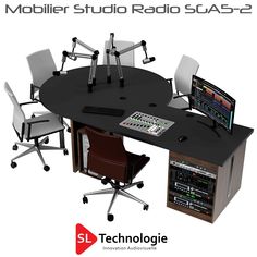 a round table with chairs around it and two monitors on the wall above it that are connected to multiple microphones