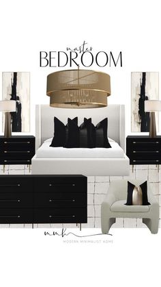 the bedroom is decorated in black and white with lots of gold accents, including pillows