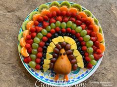 a turkey made out of fruit on a plate