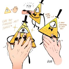 two hands holding up slices of pizza with different expressions on the top and bottom half