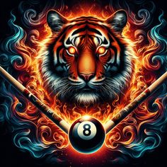 a tiger with flames on its face and two baseball bats in front of it, as well as an eight - ball