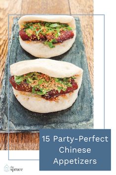 two hot dogs on buns with toppings and text that reads, 15 party - perfect chinese appetizers