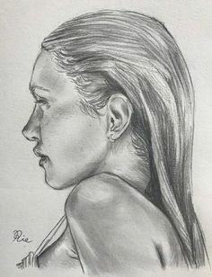 a pencil drawing of a woman's profile with her long hair pulled back to the side