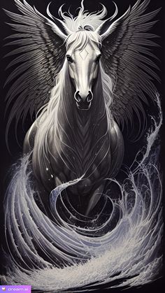 an artistic painting of a horse with wings on its head, surrounded by swirling water