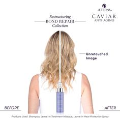 Caviar Anti-Aging Restructuring Bond Repair Leave-in Heat Protection Spray by Alterna. A vitamin-enriched, leave-in protectant that strengthens hair strands while protecting them from heat styling. This conditioning spray helps to repair and seal the hair all while providing protection from heat damage up to 450°F*. It creates a protective barrier around hair strands to prevent breakage, splitting and frizz for hair that is soft, manageable and style-ready.* vs. untreated hair A LIGHTWEIGHT, VIT Heat Protection Spray, Eyelash Conditioner, Eyelash Primer, Protection Spray, Hair Strands, Heat Styling, Maintaining Healthy Hair, Moisturizing Shampoo, Heat Damage