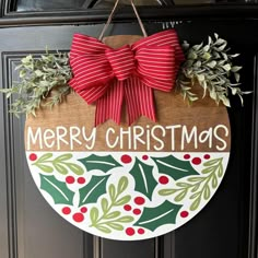 Welcome the holiday season with our 18-inch red Merry Christmas Round Door Sign. Crafted from laser-cut plywood and adorned with vibrant acrylic paints, this cheerful sign is the perfect way to spread holiday cheer. Hang it on your front door or in your home to add a festive touch. With its Cricut stencil material, the design is flawlessly precise. Embrace the spirit of Christmas with this eye-catching door sign Front Door Signs Diy Painted Wood, Happy Holiday Door Hangers, Round Wooden Christmas Signs Diy, Christmas Door Sign Ideas, Christmas Door Signs Diy, Christmas Door Hangers Wooden Diy, Round Door Hanger Ideas, Round Wooden Door Hangers Diy, Diy Christmas Door Hangers