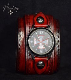 "Cross over Leather Cuff Watch, Men's handcrafted leather cuff watch with 2.2 inches wide, dyed in hot dark mahogany. The leather cuff has a snap button closure and two settings fit for small and medium-sized wrists, made of American vegetable-tanned leather and polished and finished with the waxed top coat to give it a vintage look. Item includes watch face and is removable and interchangeable. Upon request can be made to your size in a different color of your choice. Completely handmade using Awesome Watches, Leather Watch Cuff, Dark Mahogany, Cuff Watch, Leather Watch Bands, Leather Cuffs, Watch Faces, Handcrafted Leather, Vegetable Tanned Leather