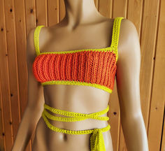 Cropped Bralette Crochet Rave Top Outfit, Orange Yellow Halter Knit Tank Top Orange Halter Top For Spring Beach Occasions, Orange Halter Top For Beach In Spring, Orange Halter Top For Summer Beach, Orange Summer Halter Top For Beach, Handmade Sleeveless Tank Top For Beach, Orange Sleeveless Crochet Top, Orange Summer Crop Top For The Beach, Orange Summer Crop Top For Beach, Knitted Tank Top For Beach Summer