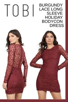 Show off your feminine side in this burgundy lace long sleeve holiday bodycon dress. Can you imagine getting dress up cocktail party gowns for Christmas and New Year's Eve outfits on sale? Now's your chance to save. Why pay more when you can get sparkly winter festivity clothing and beautiful formal attire for ladies at affordable prices from TOBI. #shoptobi #holidaydresses #bodycondresses Long Sleeve Bodycon Midi Dress, Burgundy Lace, Women Bodycon Dress, Sleeveless Bodycon Dress, Ruched Bodycon Dress