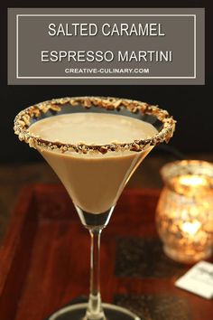 the salted caramel espresso martini served in a coupe glass on a tray