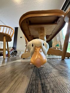 a close up of a stuffed animal under a wooden table with chairs in the background