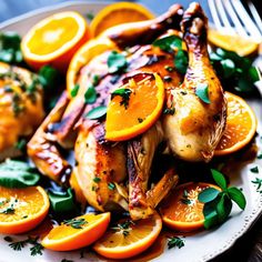 a white plate topped with oranges and chicken