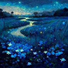 a painting of blue flowers and stars in the night sky with a stream running through it