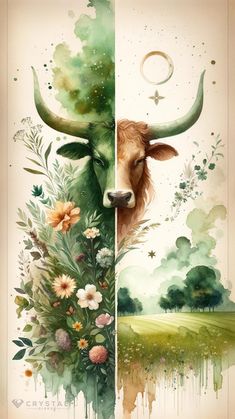 an animal with horns and flowers on it's head is in the middle of two pictures