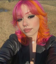 Hair Dye Colors Underneath, Pink And Rainbow Hair, Bright Hair Dye Ideas, Pink Multicolor Hair, Orange Hair Dye Ideas, Tip Dyed Hair, Bright Hair Colors Short, Cool Colored Hair