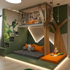 a child's bedroom with green walls and white ceiling, bunk bed in the middle