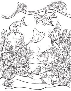 an underwater scene with fish, plants and other things in the water coloring book page