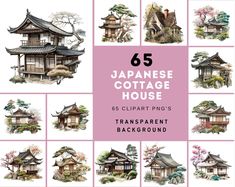 the japanese cottage house is shown with different pictures on it's front and back cover