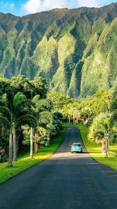 a car driving down the middle of a road in front of some trees and mountains