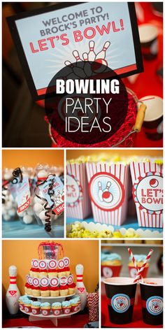 bowling party with red and white striped paper cups, cupcakes, and candy