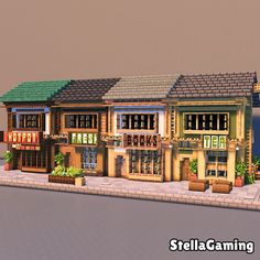 💾 Available for Download Now! 💾  Welcome to Leiram Street, a quaint little street with four shop fronts with apartments on top. This street contains a hotpot store, fresh fruit and veg, book store and tea store/cafe, as well as a quaint popcorn stand out the back!. Each apartment ontop has a small but decorated interior. Small Shops Minecraft, Minecraft Neighborhood Ideas, Shop Design Minecraft, Minecraft Store Front Ideas, Minecraft Shop Exterior, Shop Idea Minecraft, Minecraft Street Design, Minecraft Diagon Alley, Minecraft Town Shops