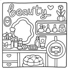 a black and white coloring page with the word beauty on it, surrounded by cosmetics