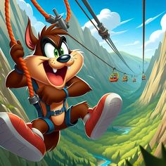 a cartoon character flying through the air on top of a zip line with mountains in the background