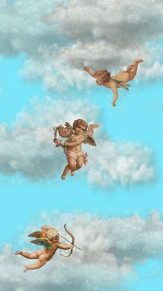 three cherubs are flying in the sky with clouds behind them and one is holding a cupid